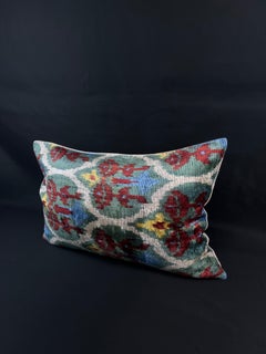 Green and Red Velvet Silk Ikat Pillow Cover