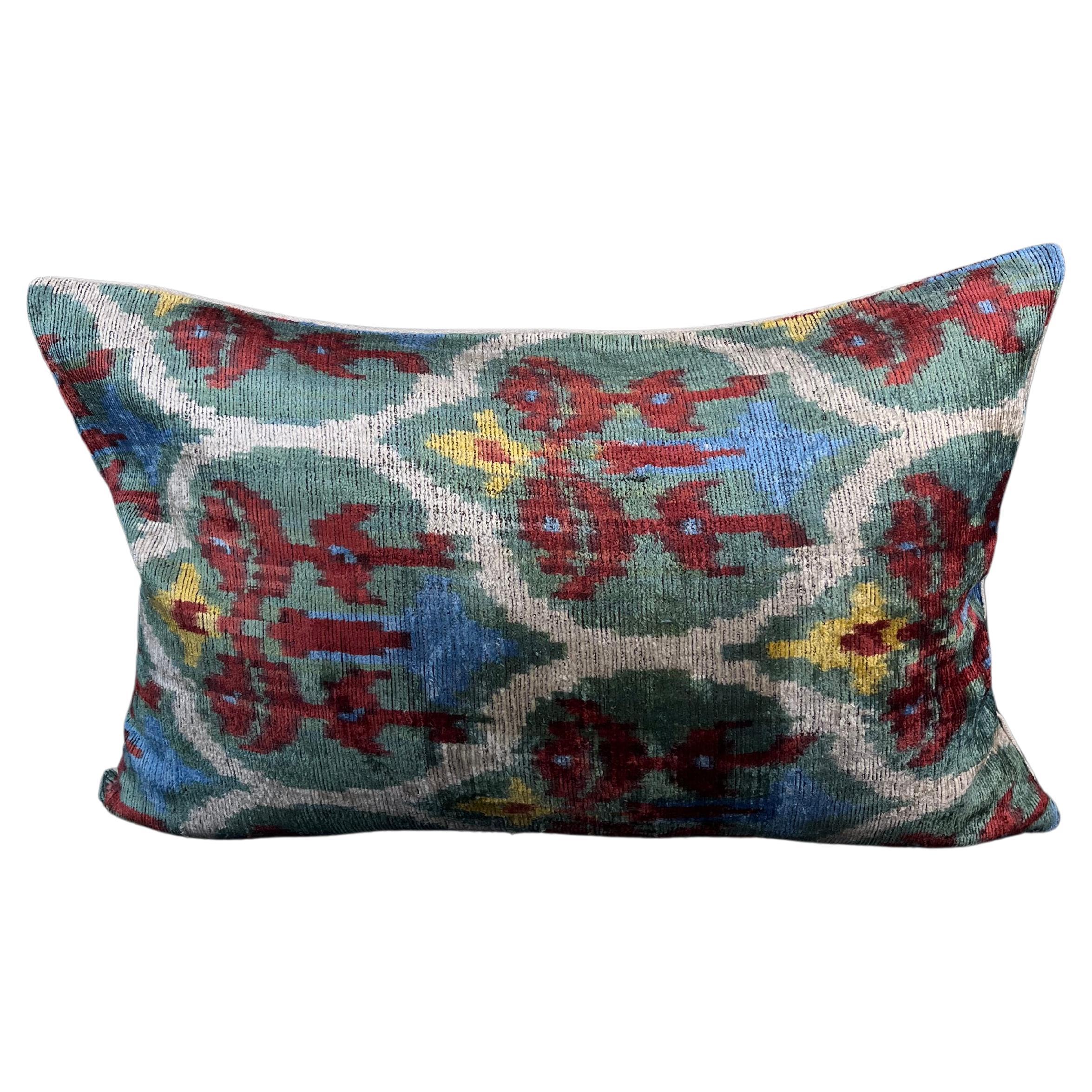 Green and Red Velvet Silk Ikat Pillow Cover