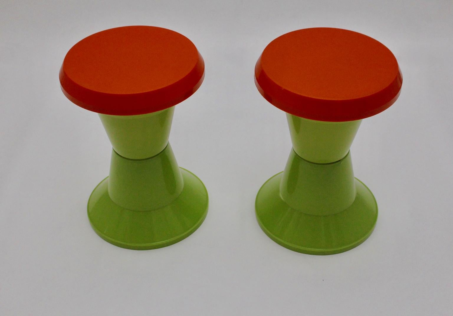 Space Age Green and Red Vintage Plastic Stools Duo Pair circa 1970 Italy For Sale