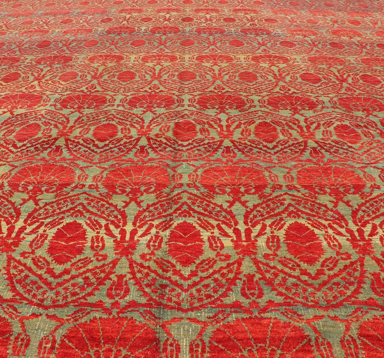 Wool Green and Red Vintage Turkish Tribal Ottoman Rug with Repeating Design For Sale