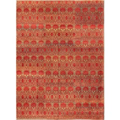 Green and Red Retro Turkish Tribal Ottoman Rug with Repeating Design