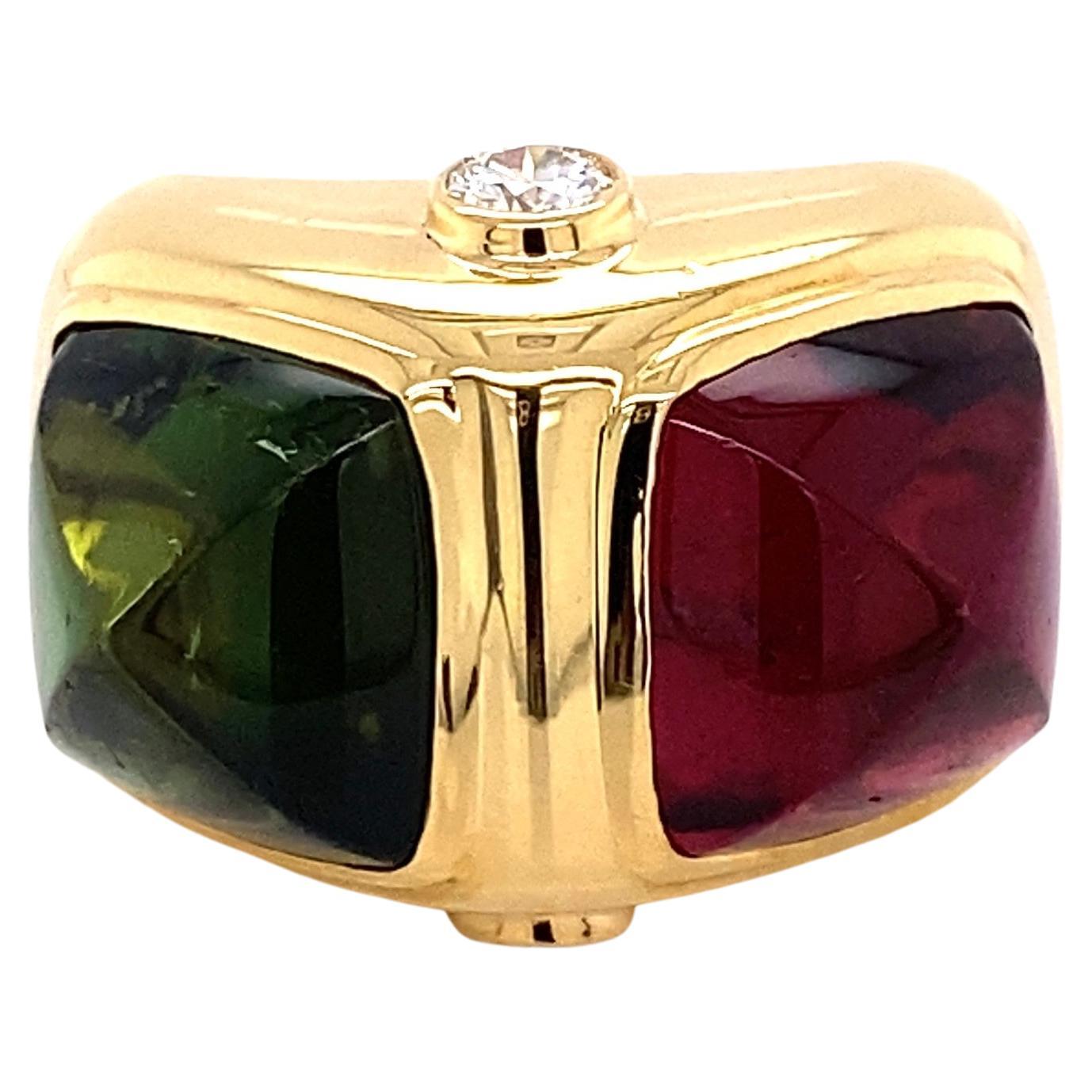 Green and Rubelite Sugarloaf Tourmaline and Diamond Swiss Gold Cocktail Ring