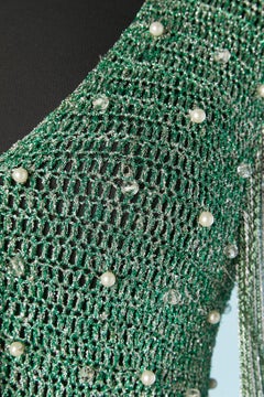 Green and silver cardigan woven with silver chain, beads and pearls Loris Azzaro