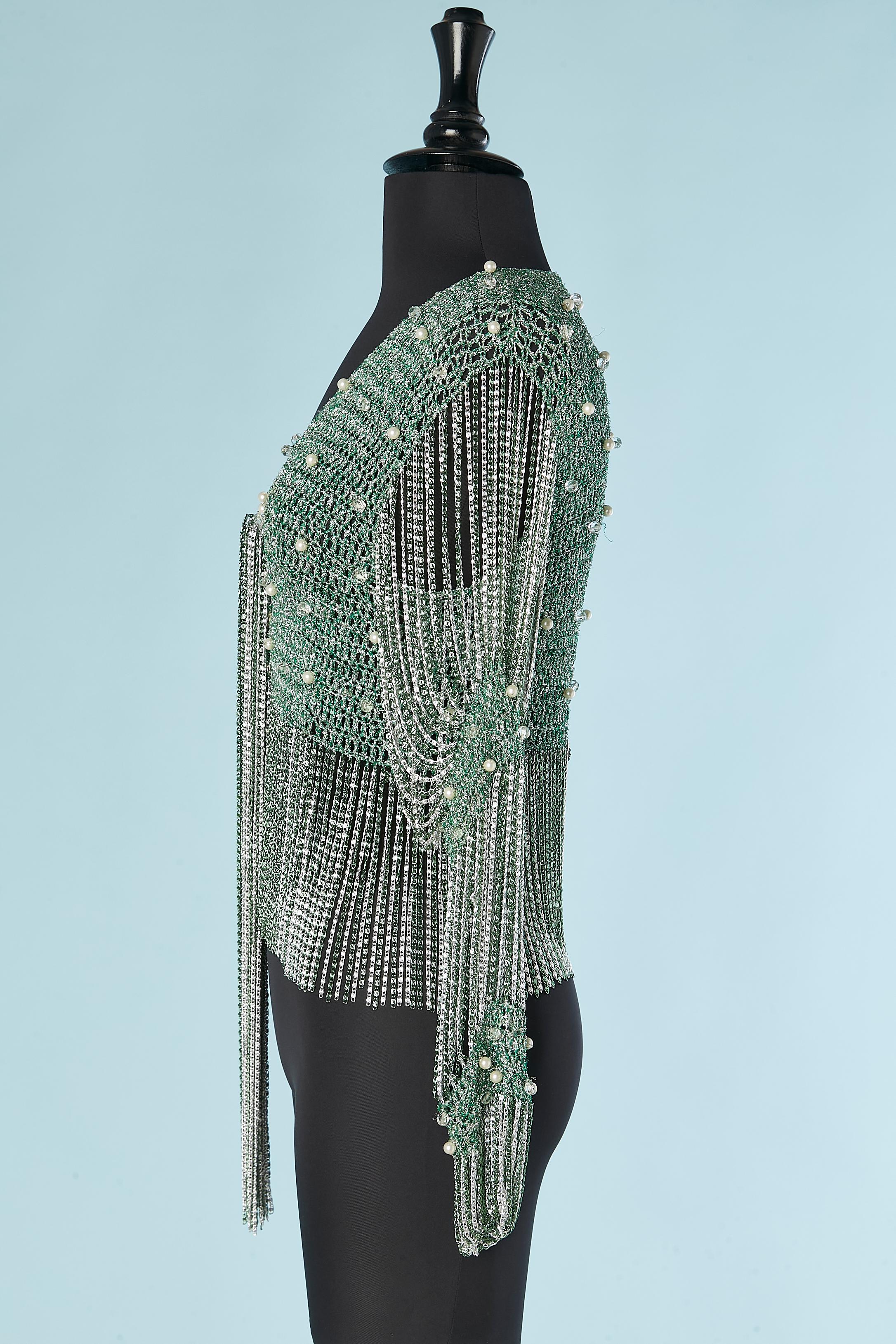 Women's Green and silver cardigan woven with silver chain, beads and pearls Loris Azzaro For Sale