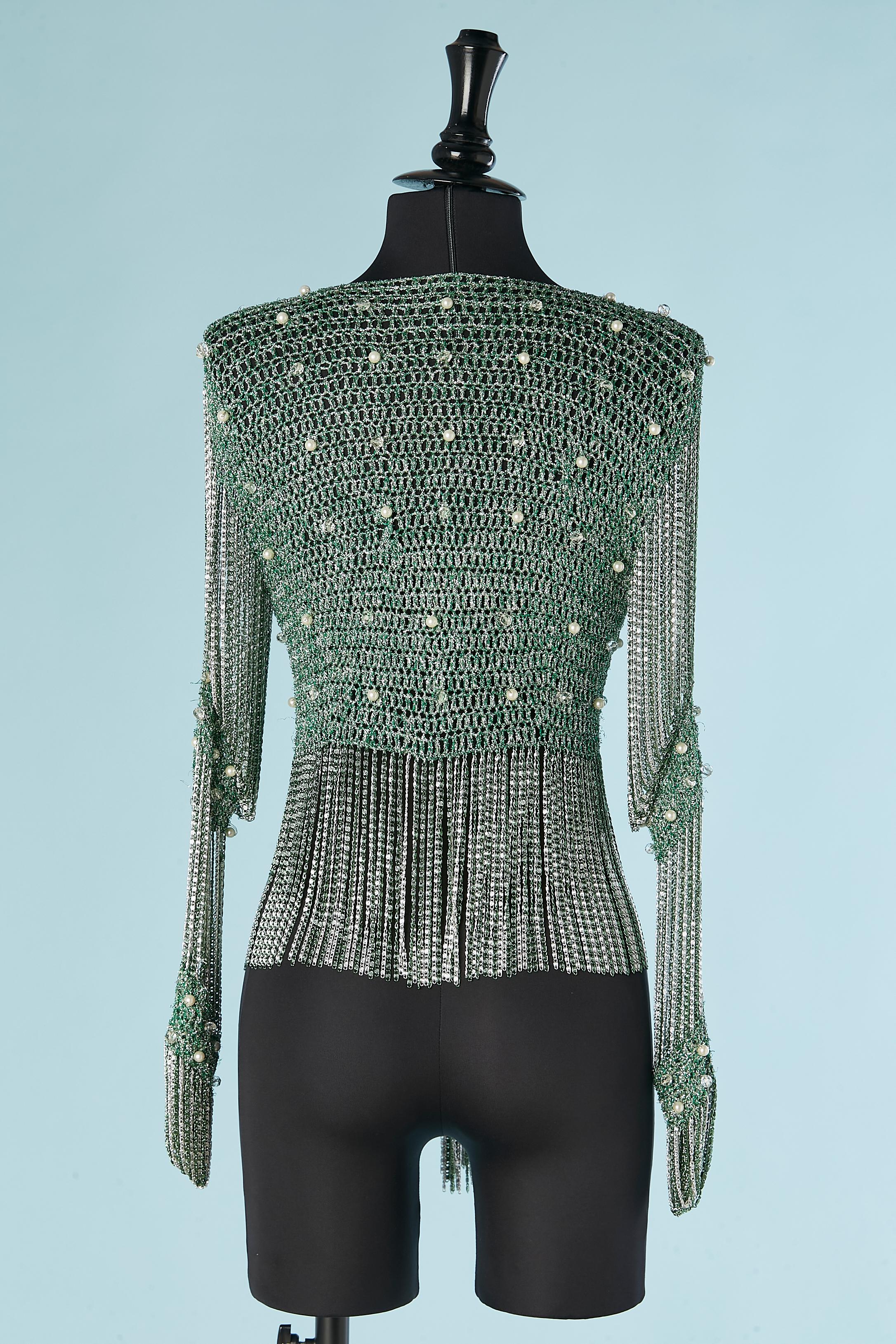 Green and silver cardigan woven with silver chain, beads and pearls Loris Azzaro For Sale 1