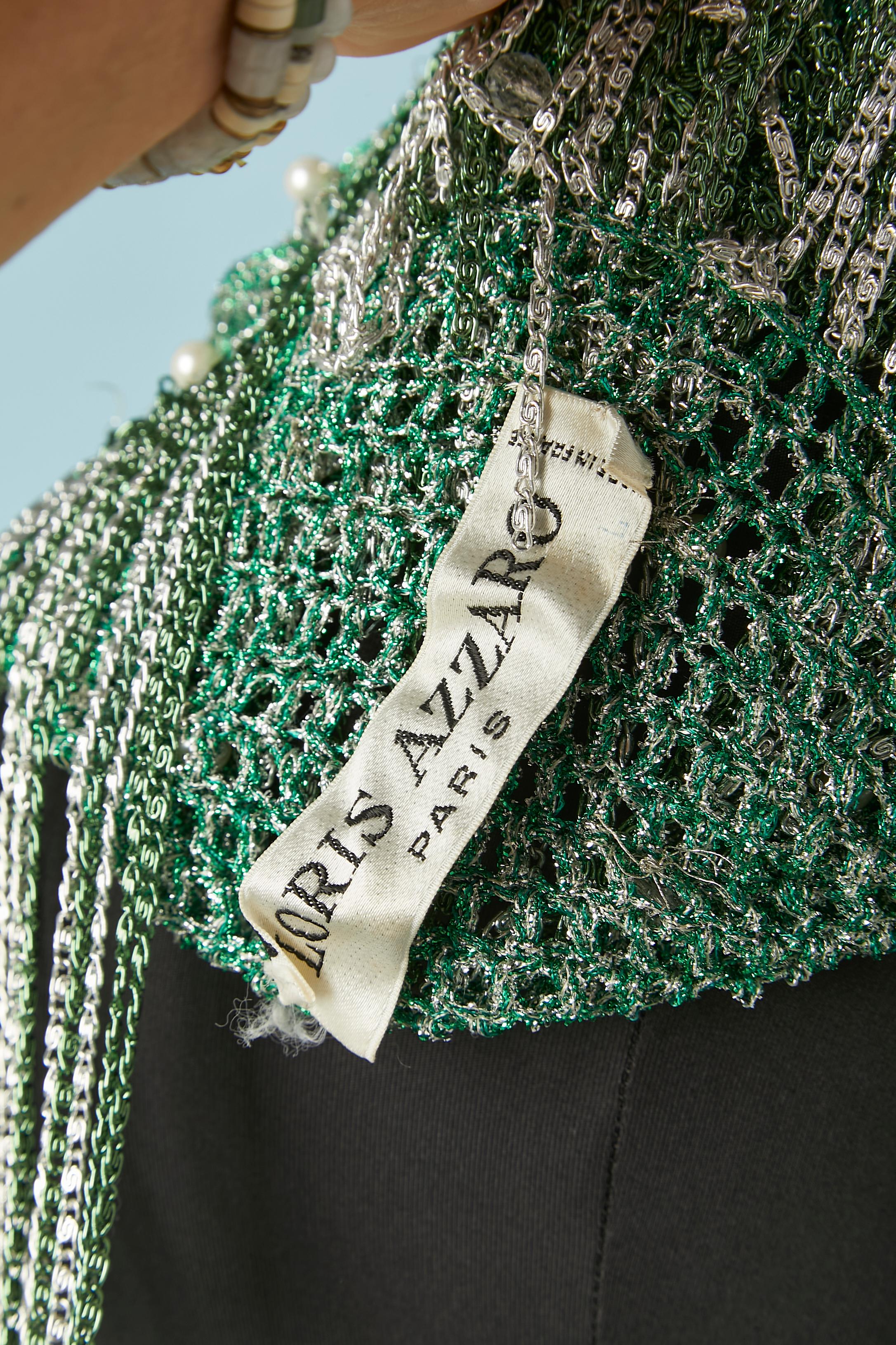 Green and silver cardigan woven with silver chain, beads and pearls Loris Azzaro For Sale 2