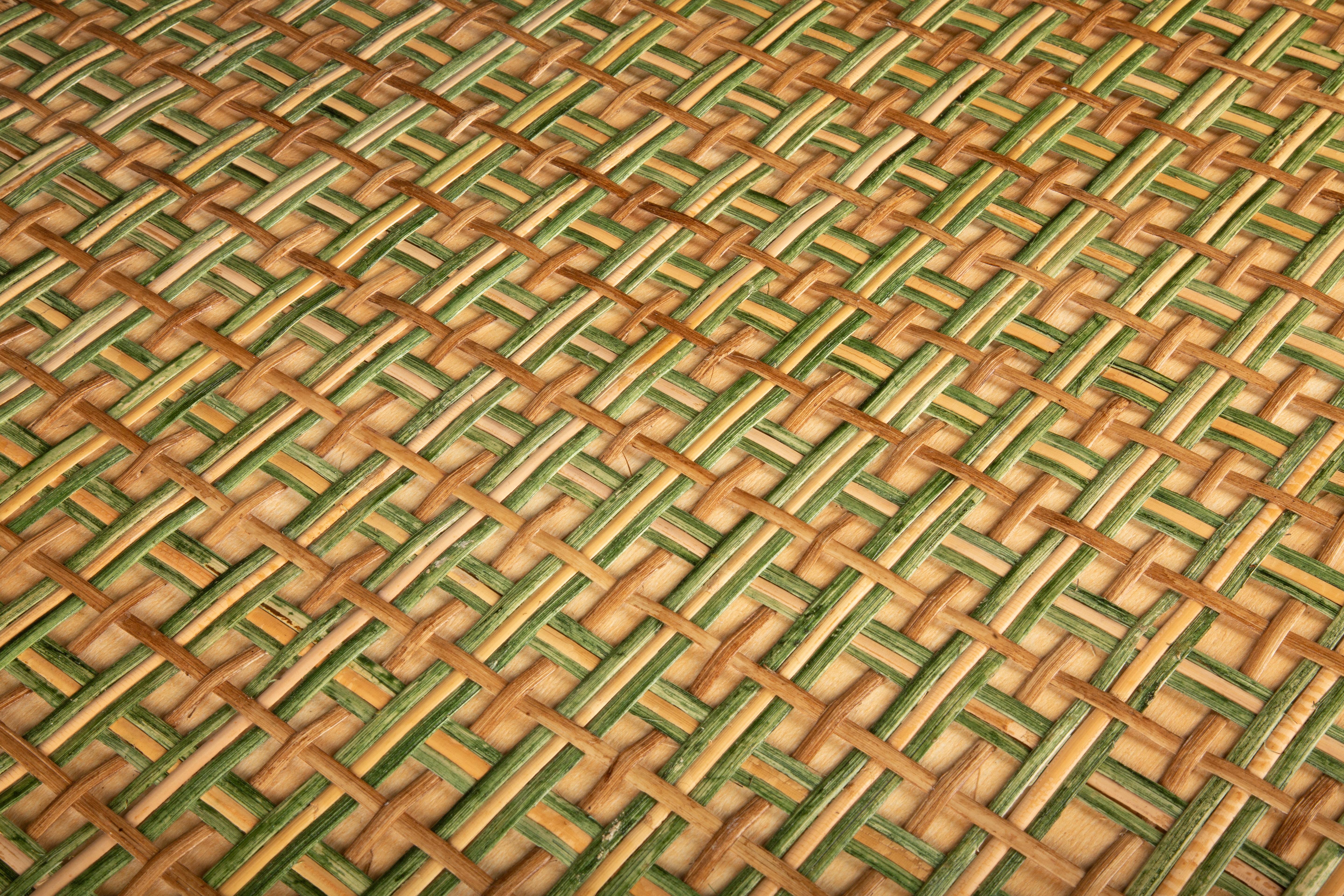 Hand-Woven Green and Tan Rattan Rectangular Coffee Table