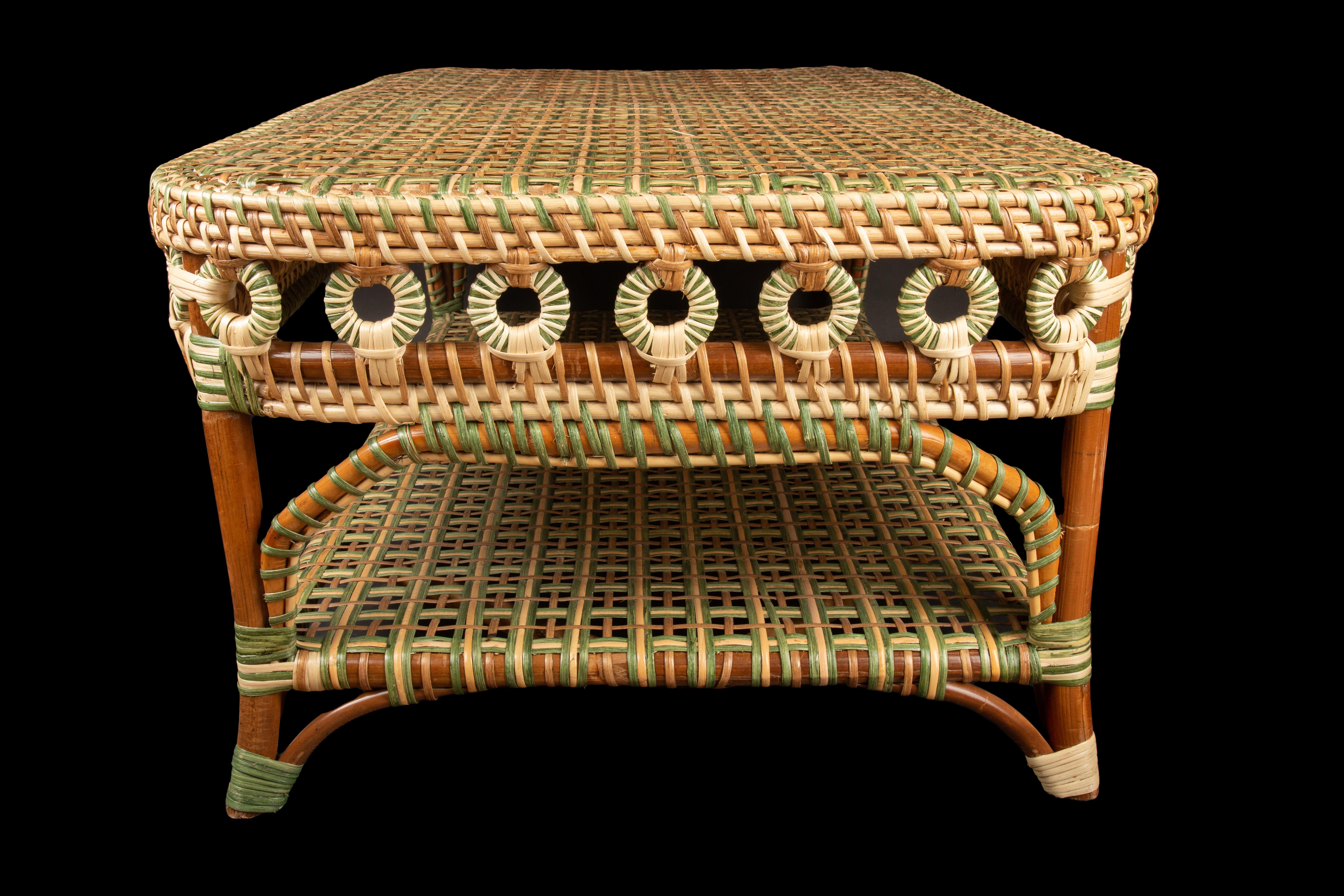 Green and Tan Rattan Rectangular Coffee Table In New Condition In New York, NY
