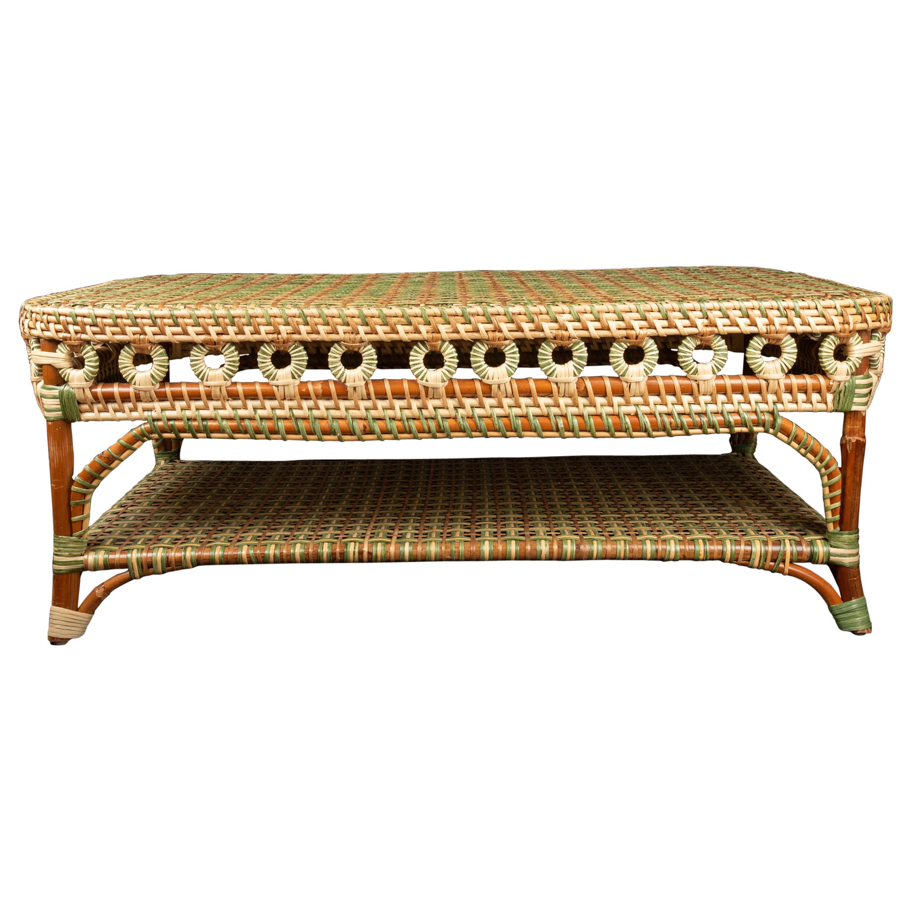 Green and Tan Rattan Rectangular Coffee Table