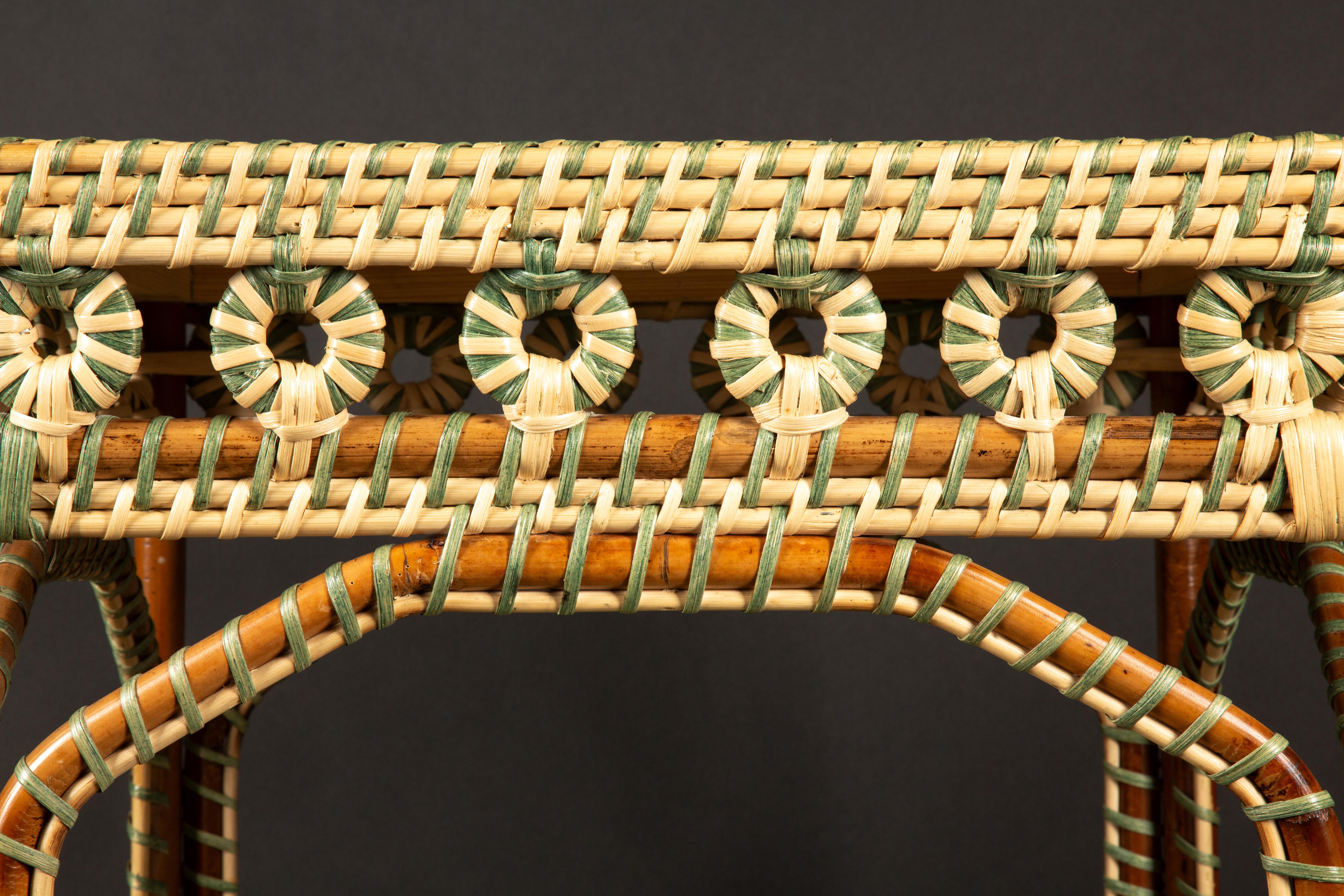 Green and Tan Rattan Square Side Table by Creel and Gow 2