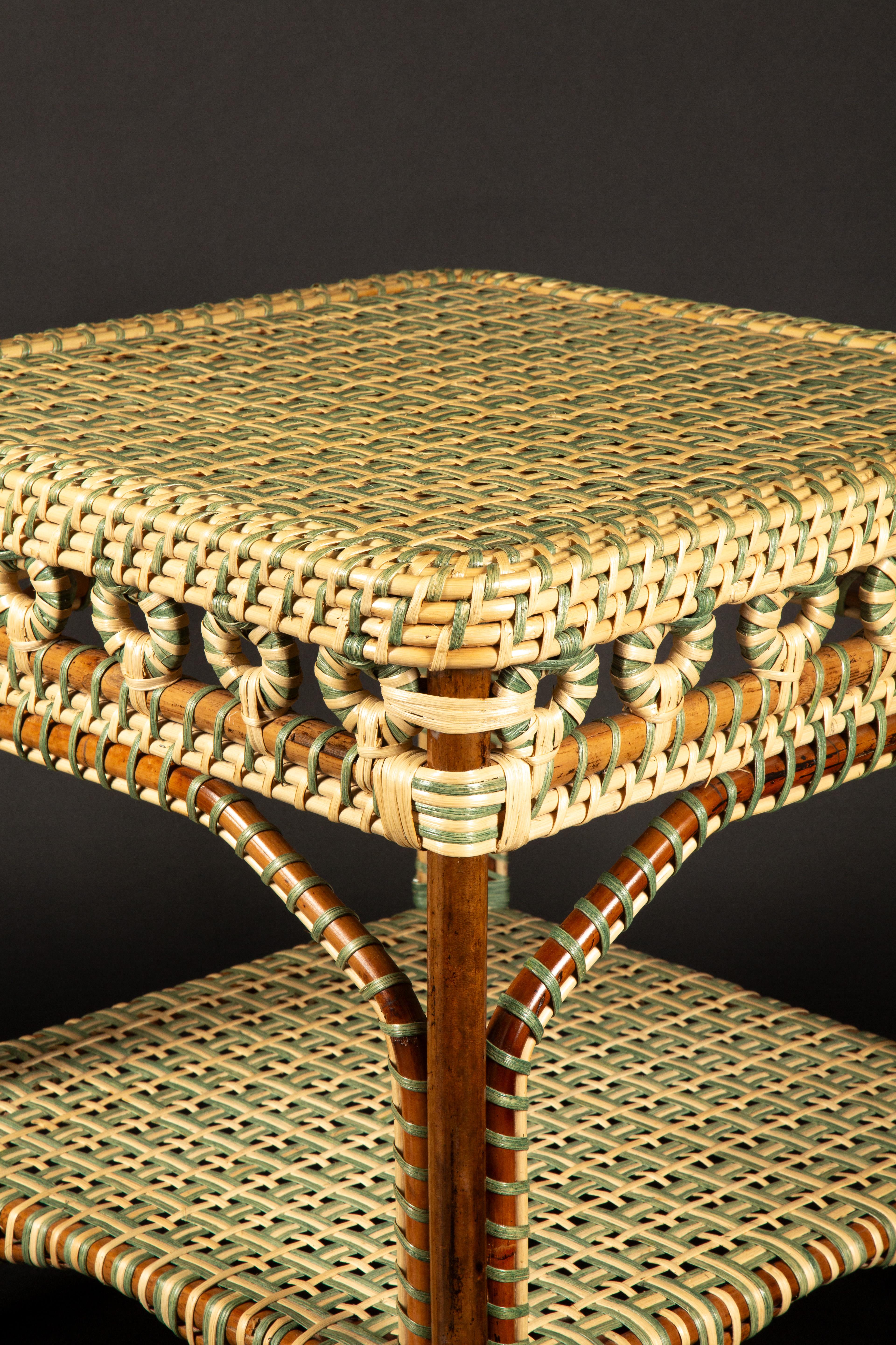 Contemporary Green and Tan Rattan Square Side Table by Creel and Gow