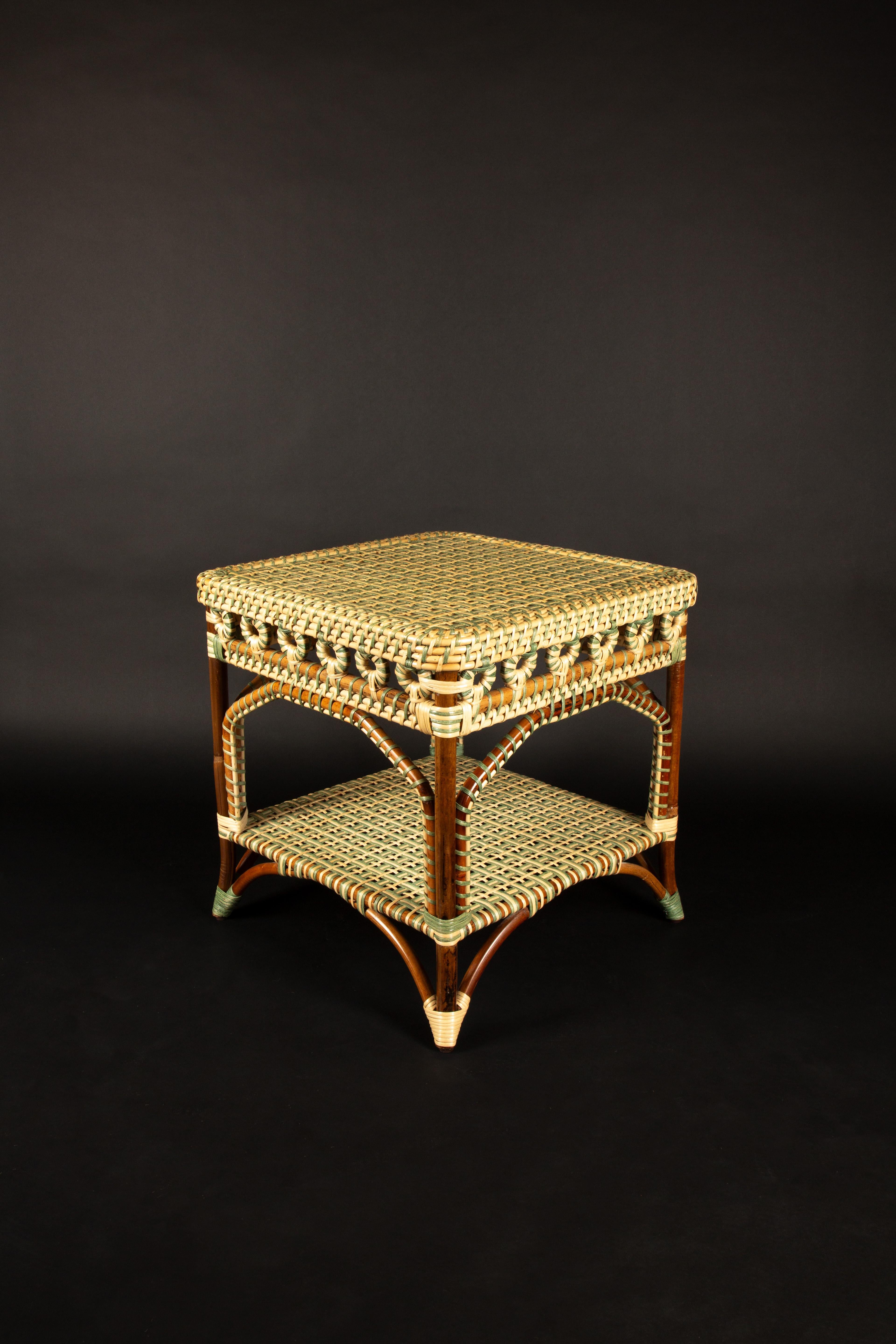 Green and Tan Rattan Square Side Table by Creel and Gow 1