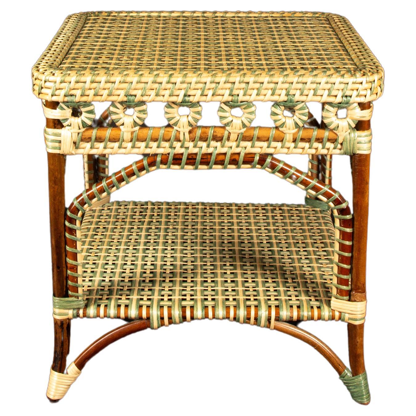Green and Tan Rattan Square Side Table by Creel and Gow