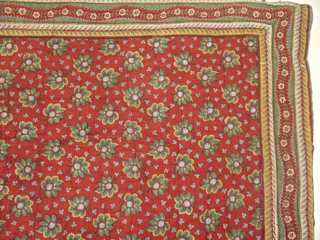Green and Terracotta Small Cotton Quilt French 19th Century In Good Condition For Sale In London, GB