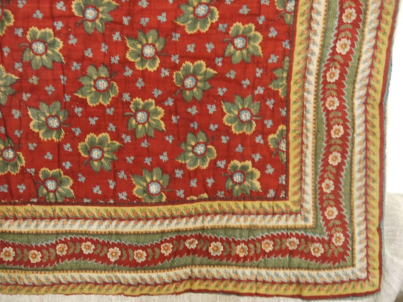 Green and Terracotta Small Cotton Quilt French 19th Century For Sale 1