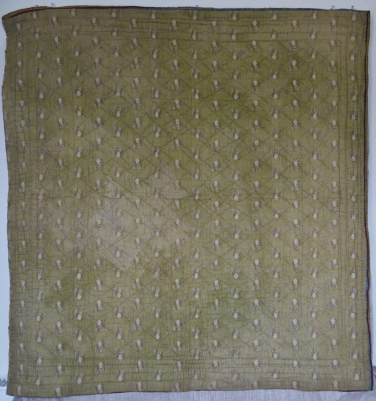 Green and Terracotta Small Cotton Quilt French 19th Century For Sale 3