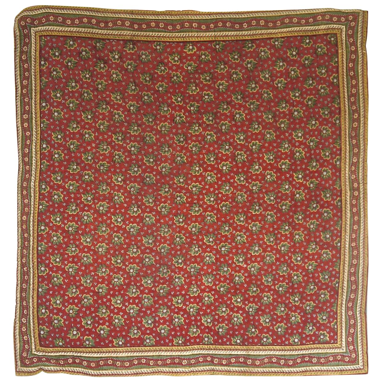 Green and Terracotta Small Cotton Quilt French 19th Century For Sale