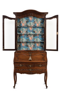 Green and Turquoise Jungle Print Lined Walnut Louis XV Style Bureau Cabinet