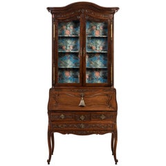 Green and Turquoise Jungle Print Lined Walnut Louis XV Style Bureau Cabinet