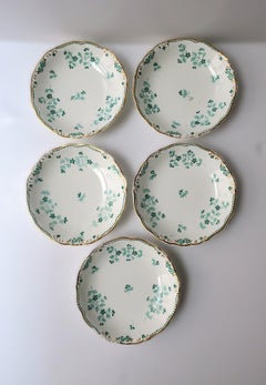 Antique Green and White Porcelain Bowls Plates, Set of 5