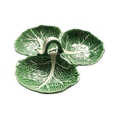 Green and White Cabbage Ware Condiment Serving Platter Dish with Handle 1950s