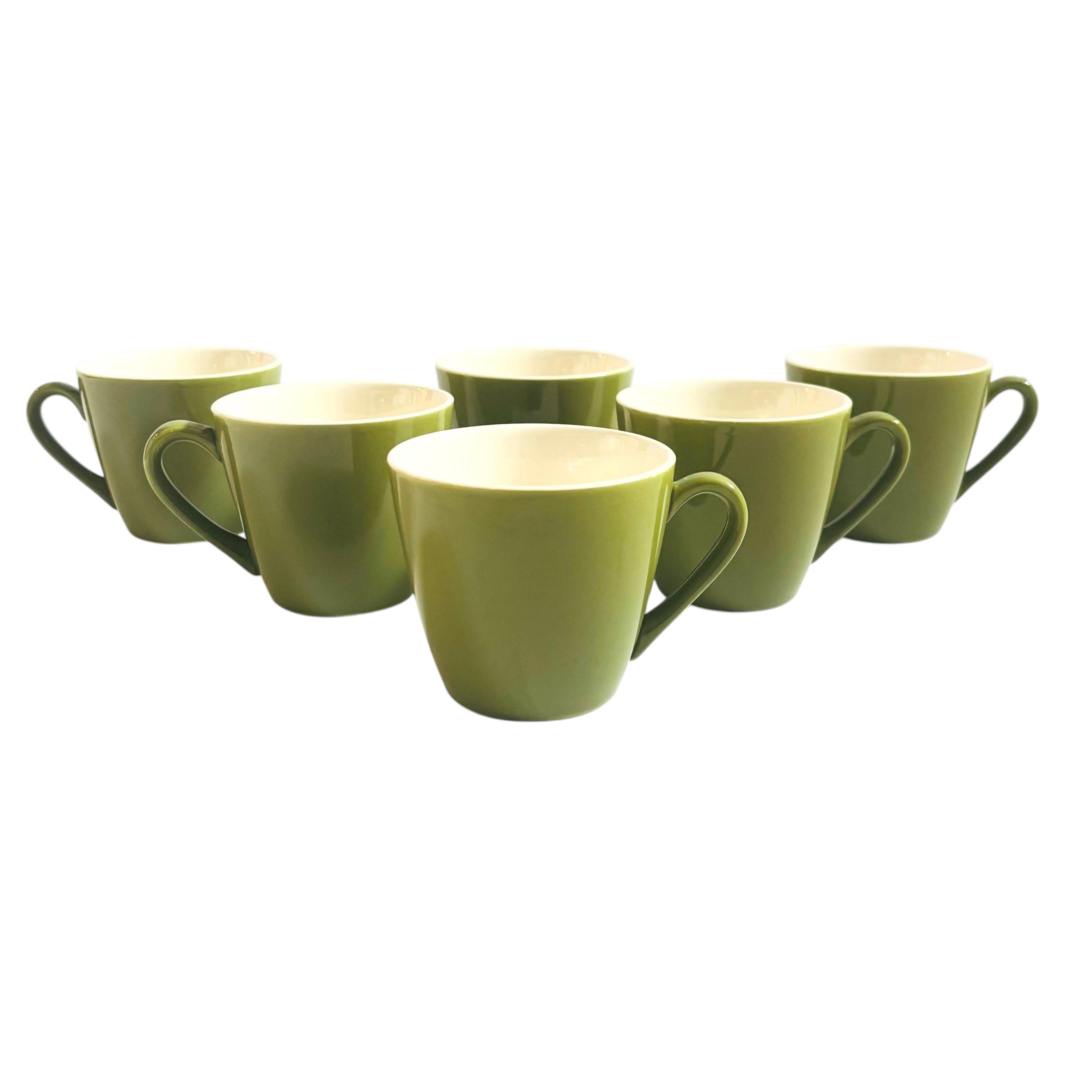 Green and White Ceramic Mugs - Set of 6