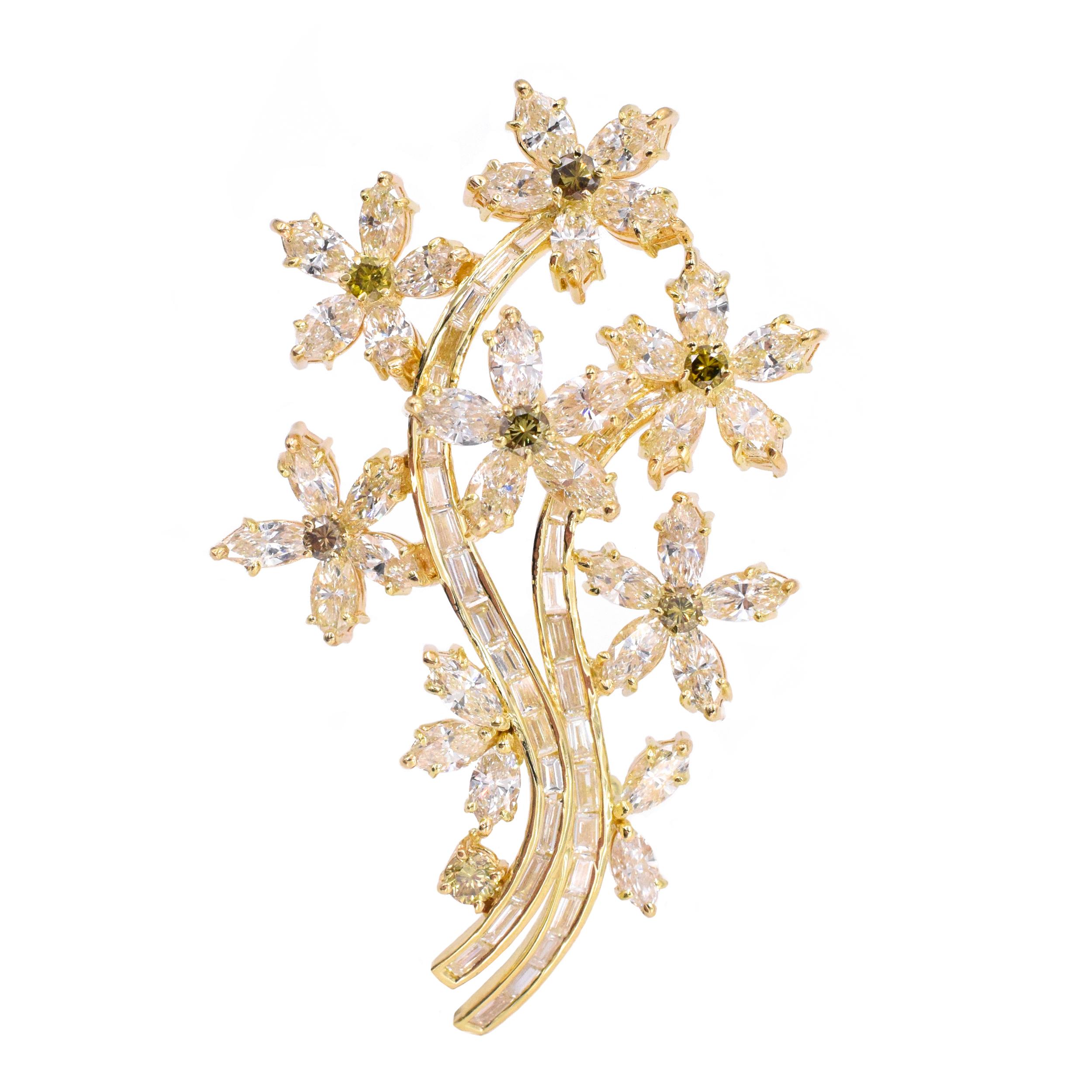 Artist Green and White Diamond Flower Bouquet Brooch For Sale