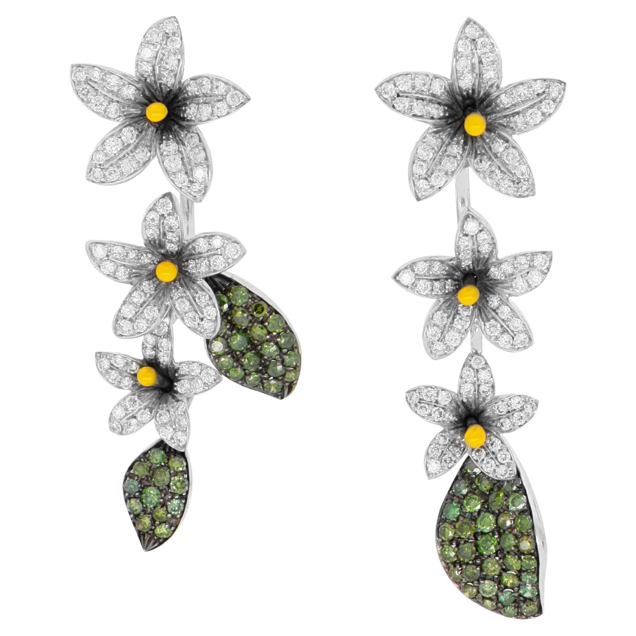 Green and White Diamonds Pavè Arabian Star Flower Earrings in 18kt White Gold For Sale