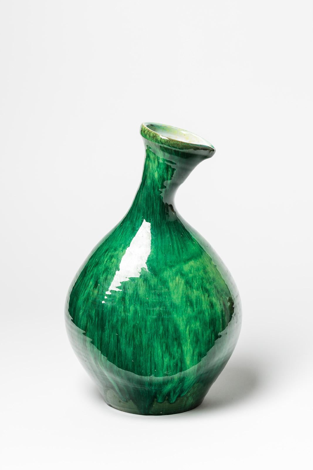 Mid-Century Modern Green and White Free Form Ceramic Vase circa 1950 French Design Style of Madoura For Sale