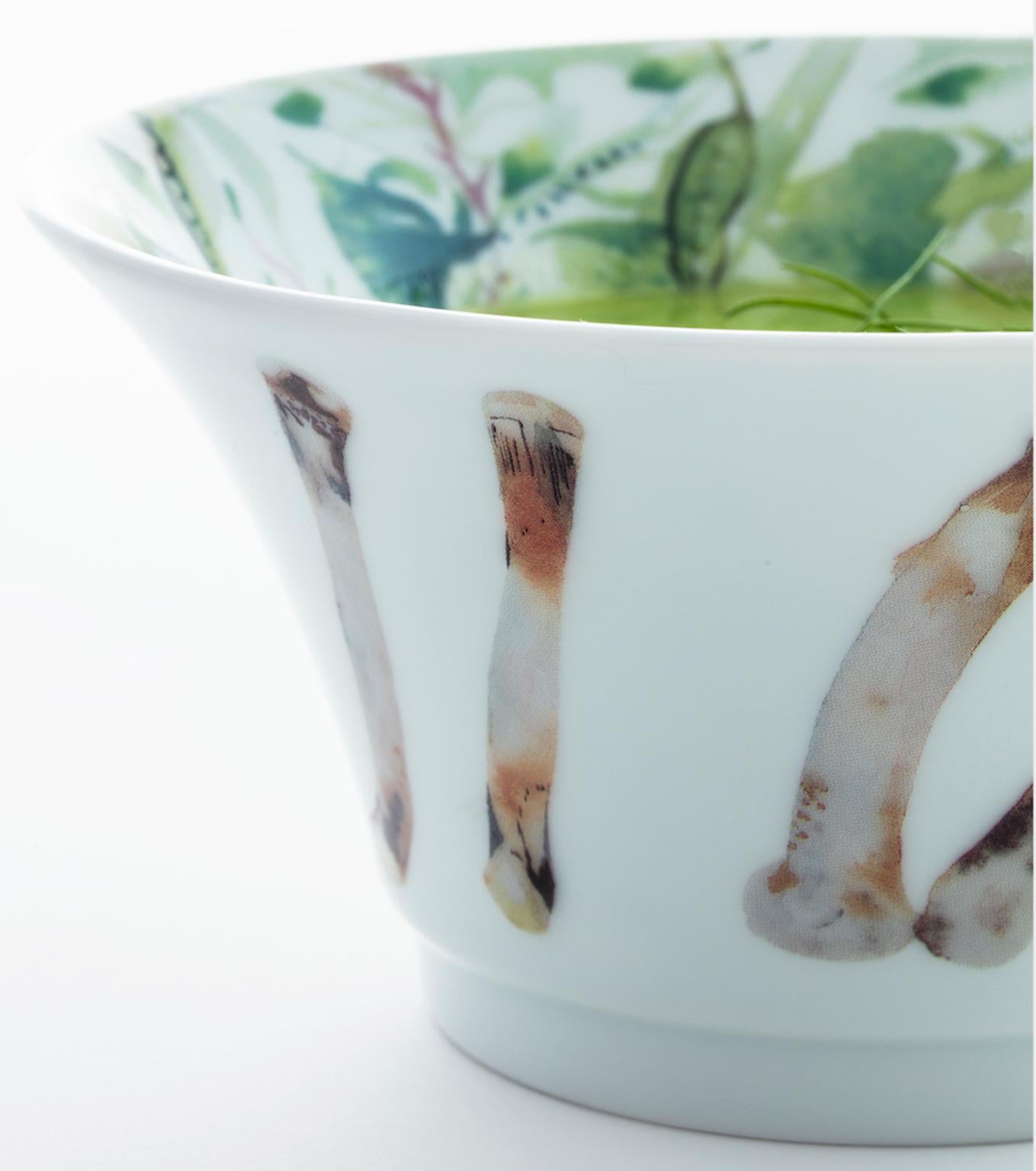 Organic Modern Green and White French Limoges Porcelain Deep Bowl, Exclusive Edition in Stock For Sale