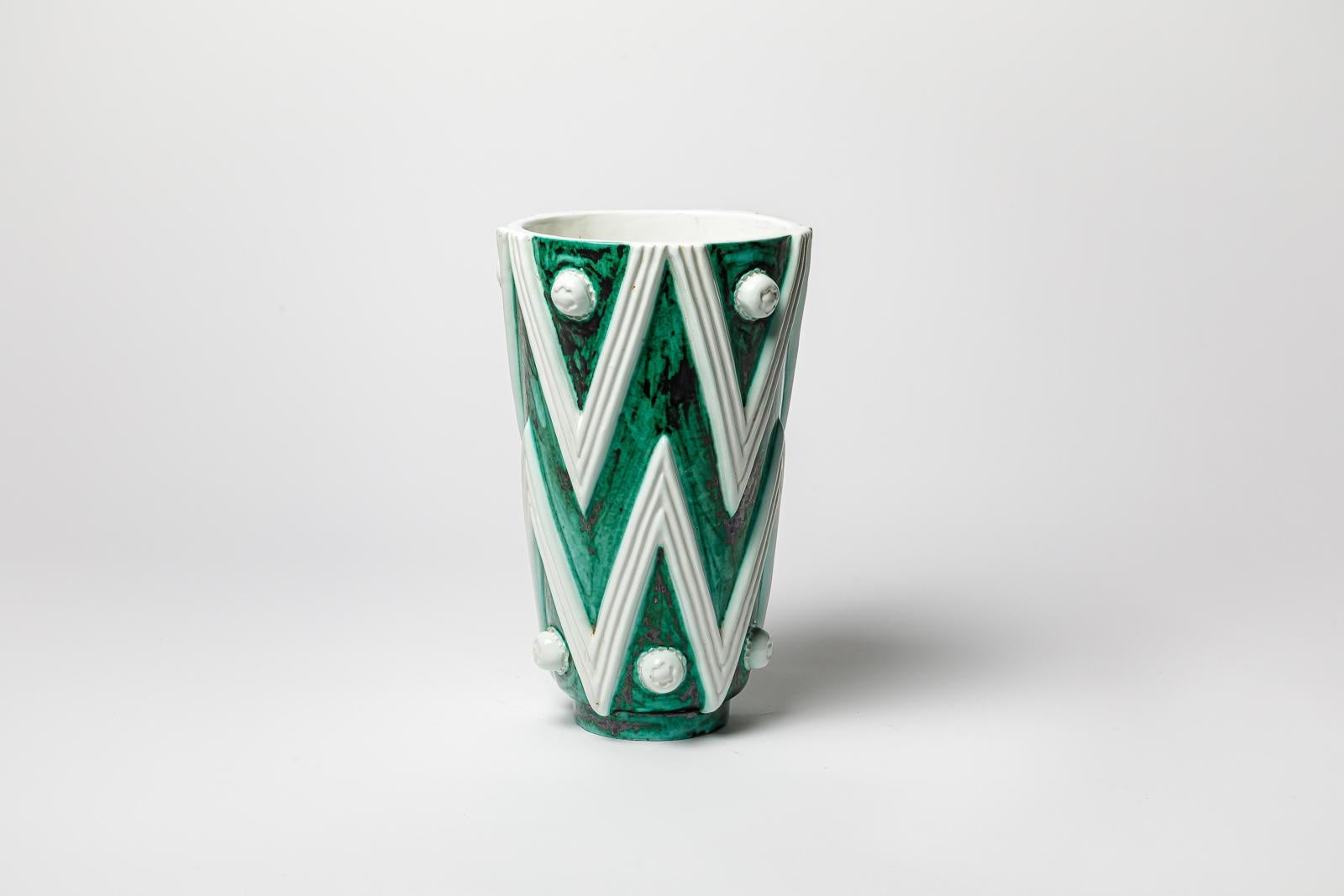 Beaux Arts Green and white glazed ceramic vase by Sainte Radegonde, circa 1960-1970.
