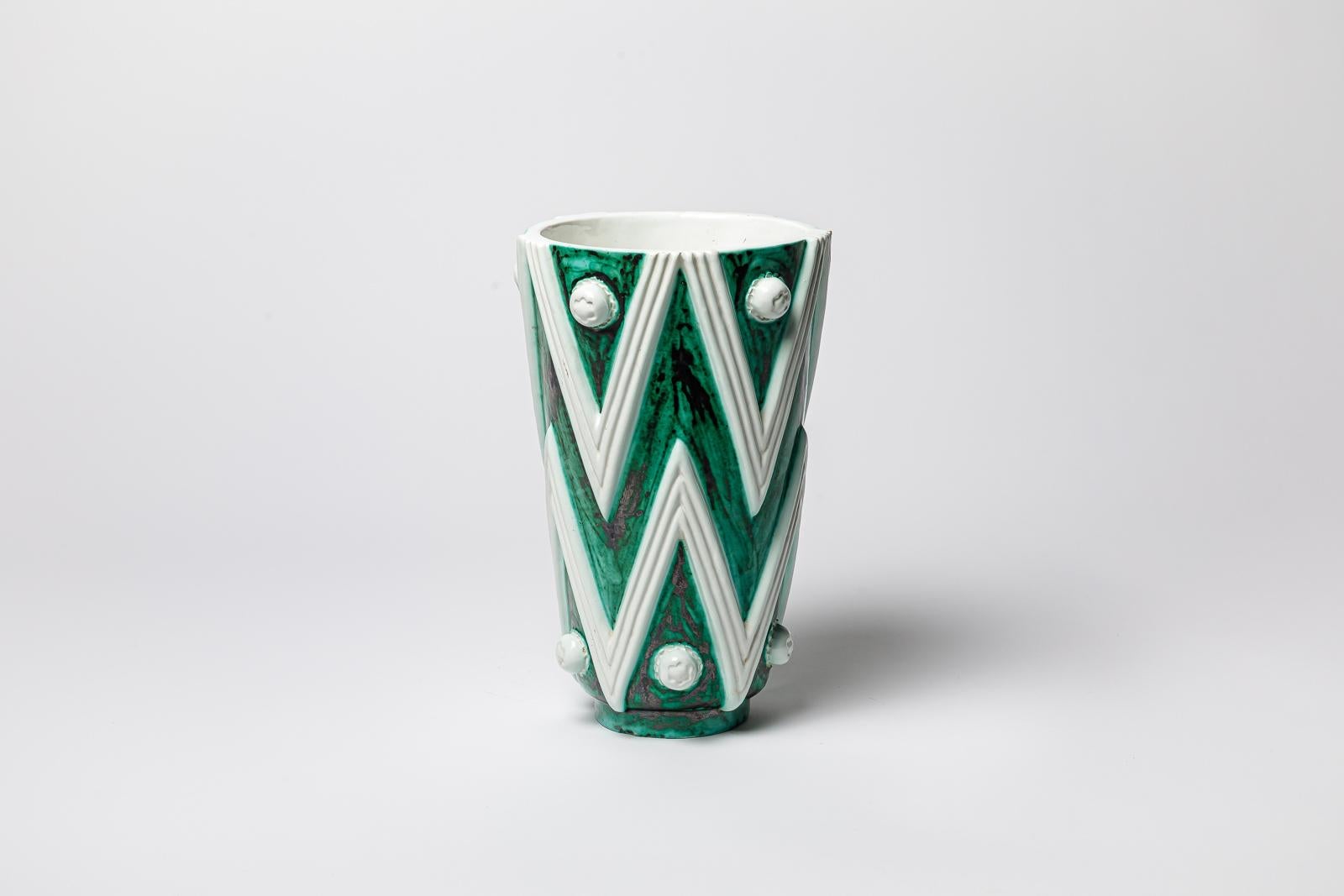 French Green and white glazed ceramic vase by Sainte Radegonde, circa 1960-1970.