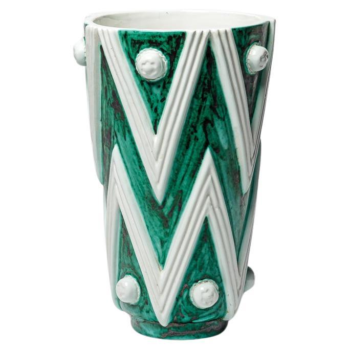Green and white glazed ceramic vase by Sainte Radegonde, circa 1960-1970.