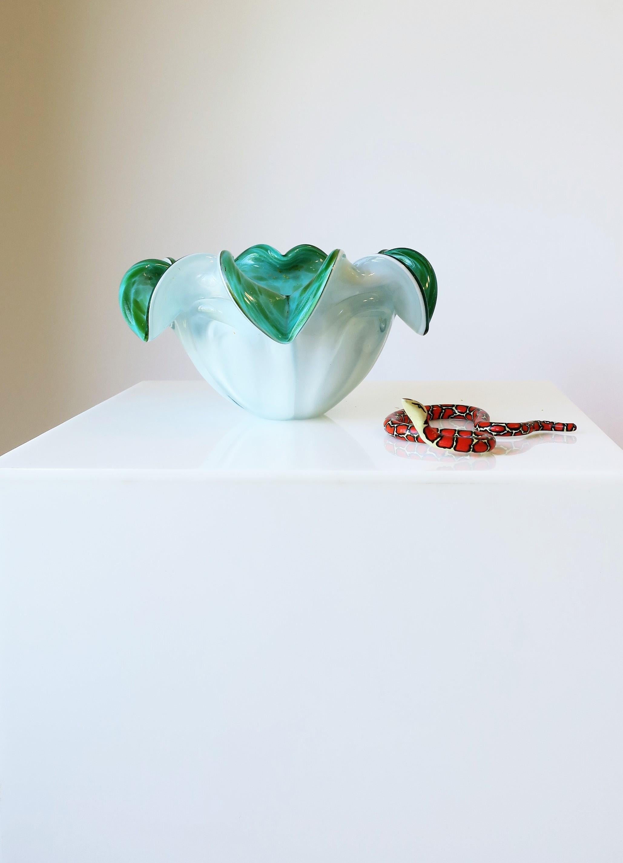 20th Century Italian Murano Organic Modern Green and White Art Glass Bowl, 1960s For Sale