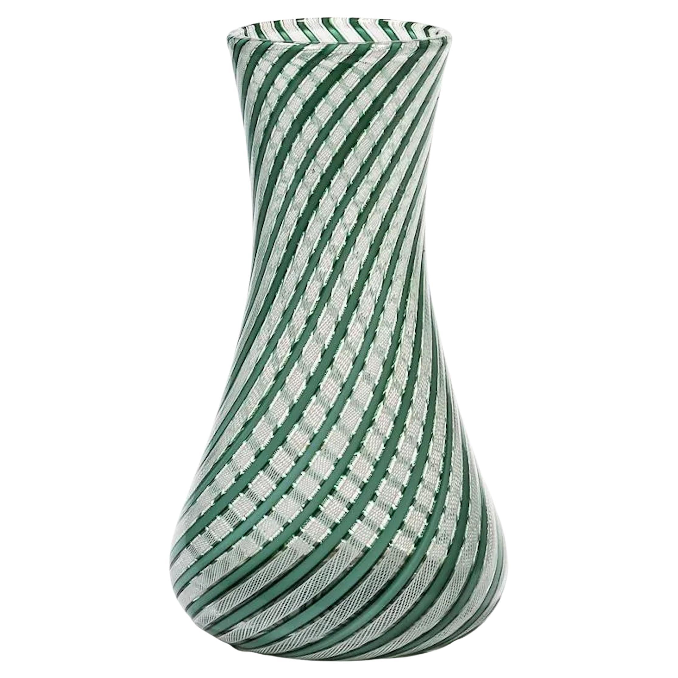 Green and White "Latticino" Murano Glass Vase For Sale