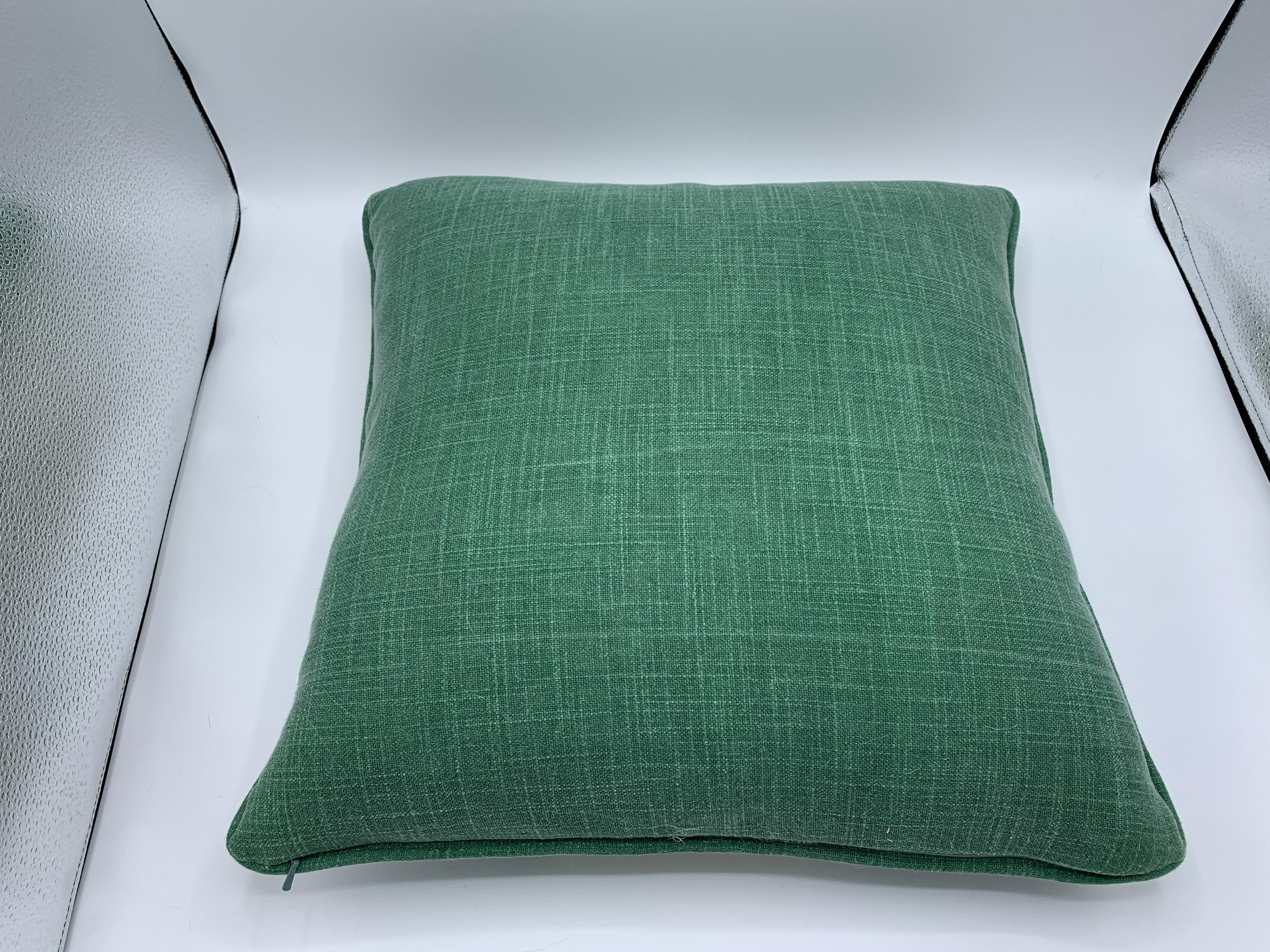 Green and White Linen Pillows with Damask Embroidery, Pair For Sale 4