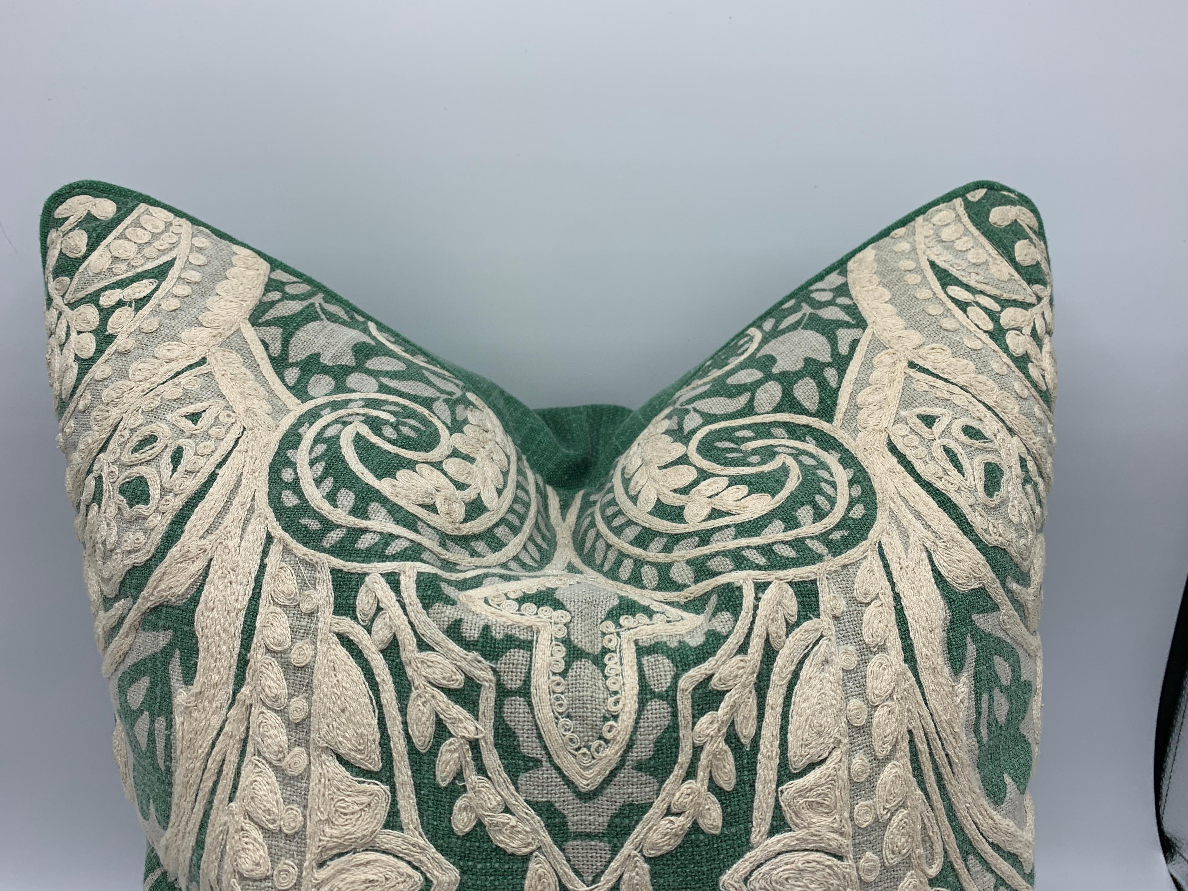 Listed is a pair of gorgeous, green linen pillows with an off-white damask embroidery. Truly gorgeous. Down inserts with zipper closure. 20in insert in each.