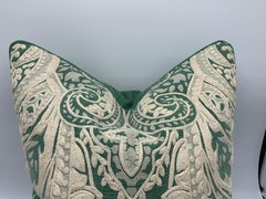 Green and White Linen Pillows with Damask Embroidery, Pair