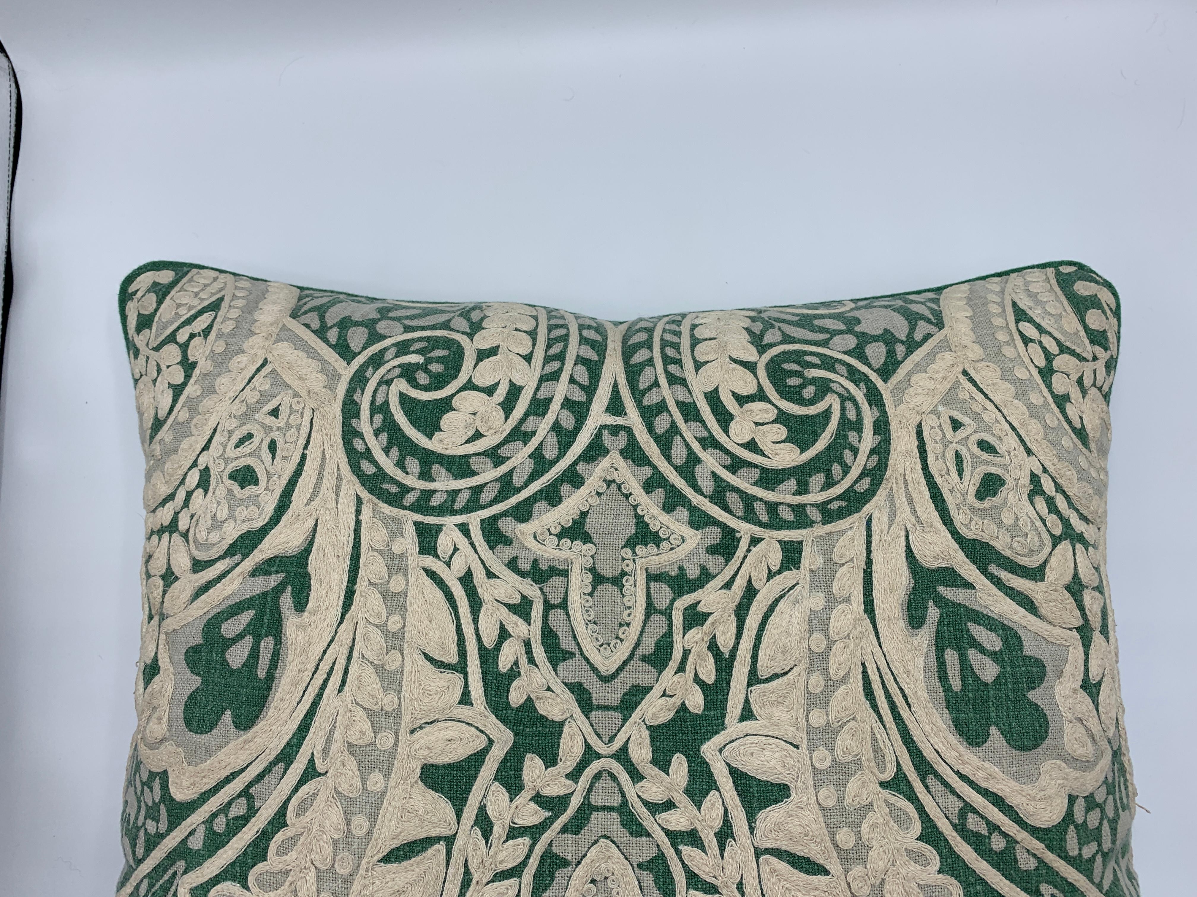 Green and White Linen Pillows with Damask Embroidery, Pair For Sale 1