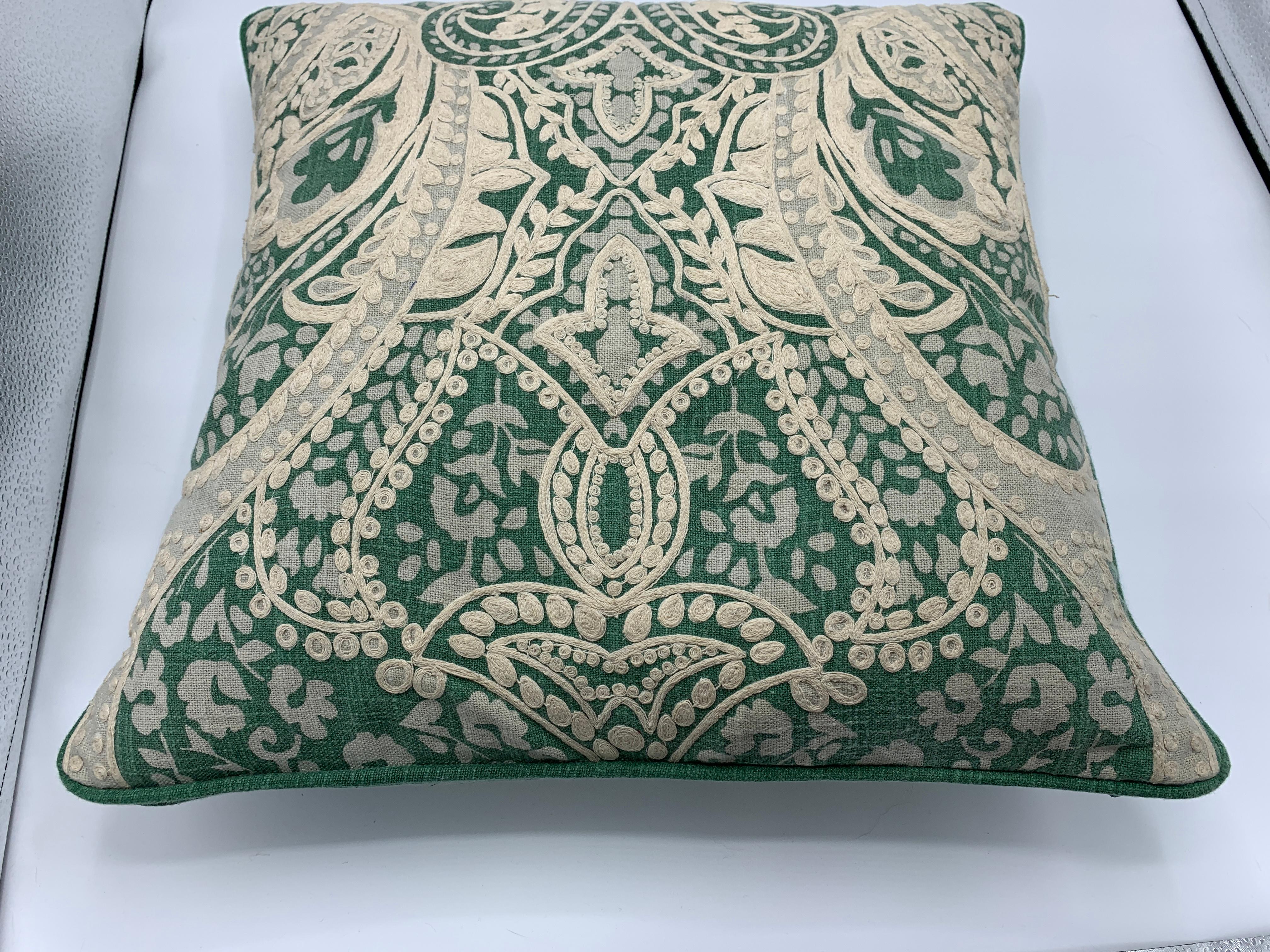 Green and White Linen Pillows with Damask Embroidery, Pair For Sale 3