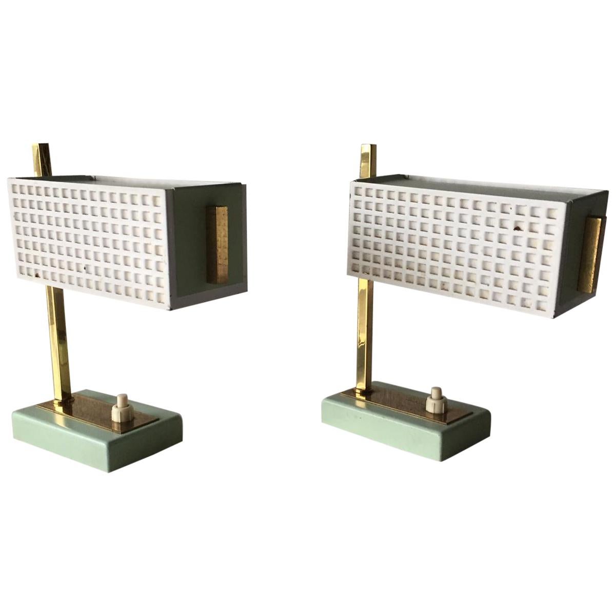 Green and White Metal Pair of Table Lamps Style of Mathieu Matégot, 1950s