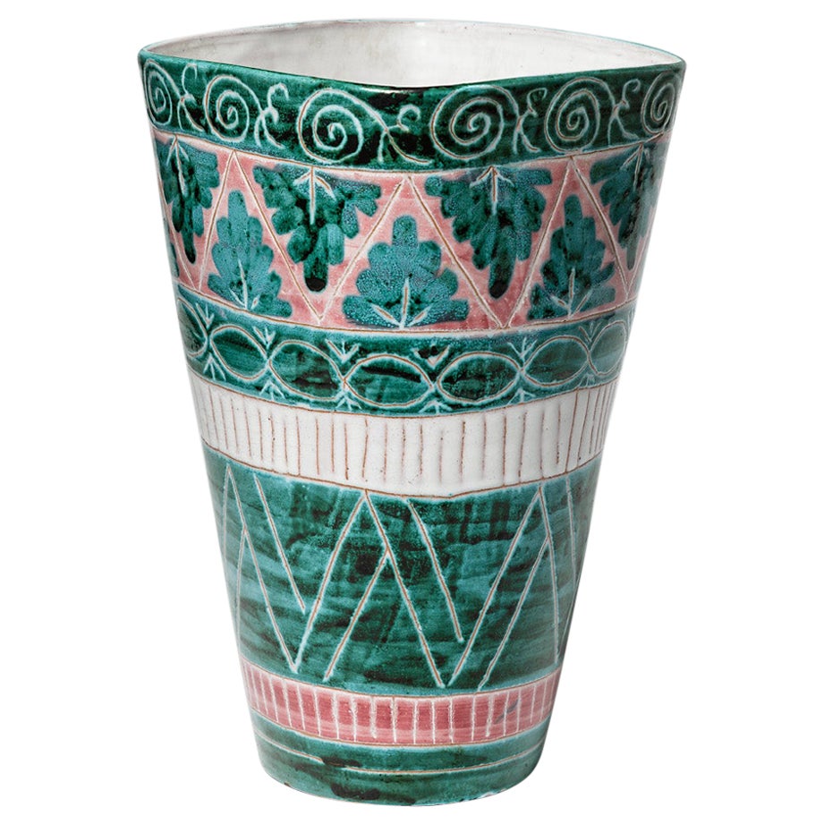 Grüne und weiße Keramikvase im Mid-Century-Design von Jean Derval & Picault, 1950