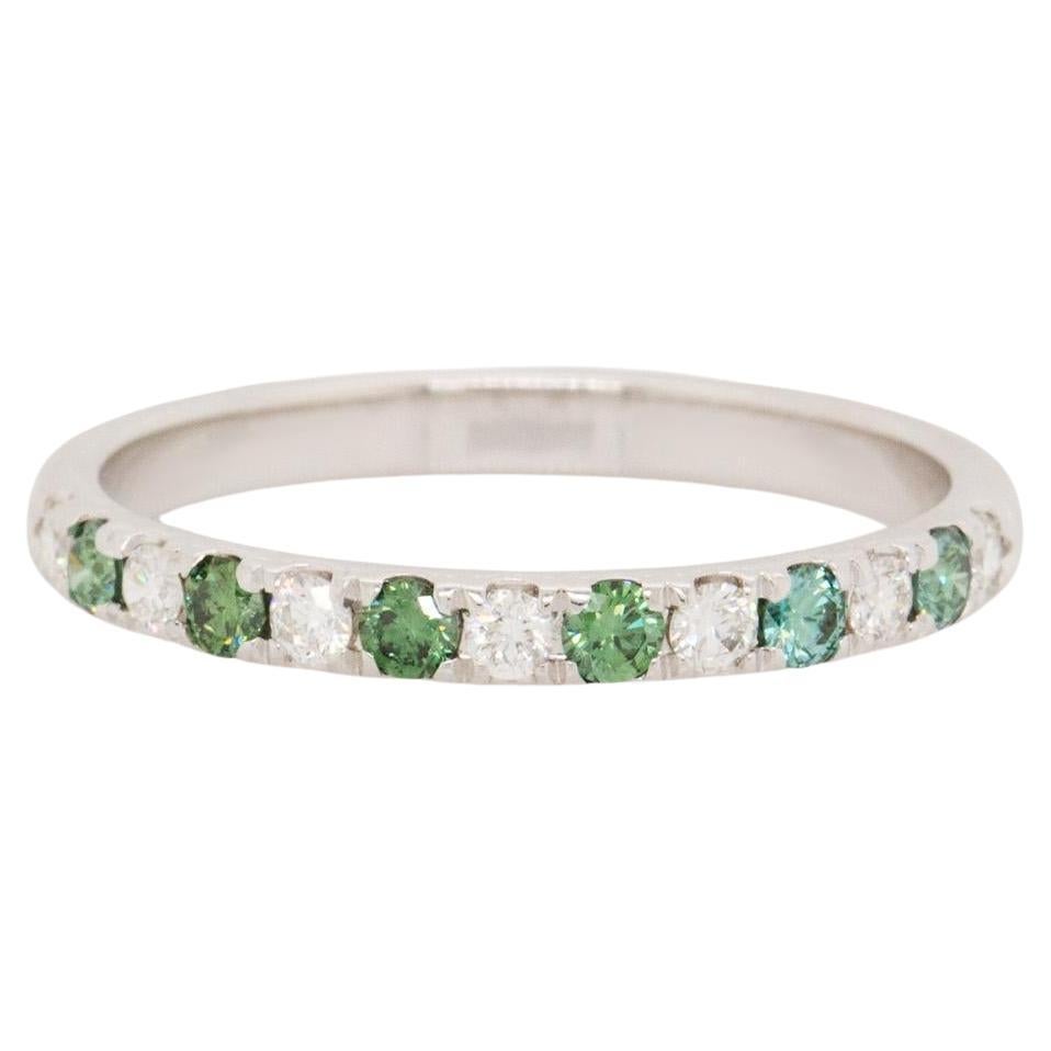 Green and White Natural Diamond Stackable Band Ring: Solid 14K White Gold