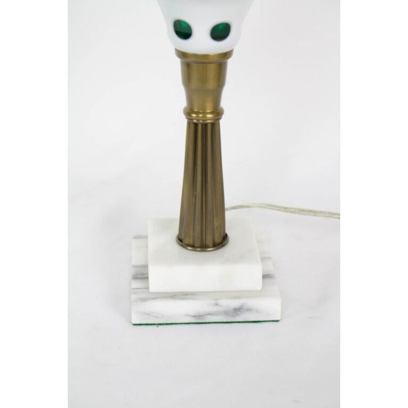 Green and white overlay glass lamp. Glass font, with a brass column stem and marble base. Bohemian Glass brought back after WWII by an american soldier with dreams of starting a lamp business. We found the glass and made his lamps a