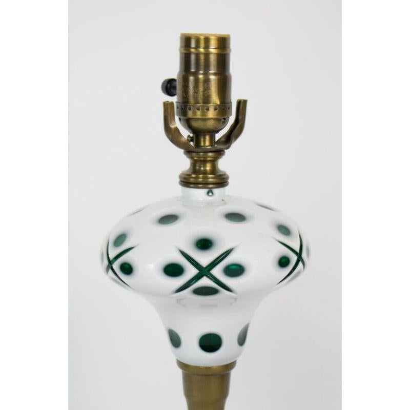 American Colonial Green and White Overlay Glass Lamp For Sale