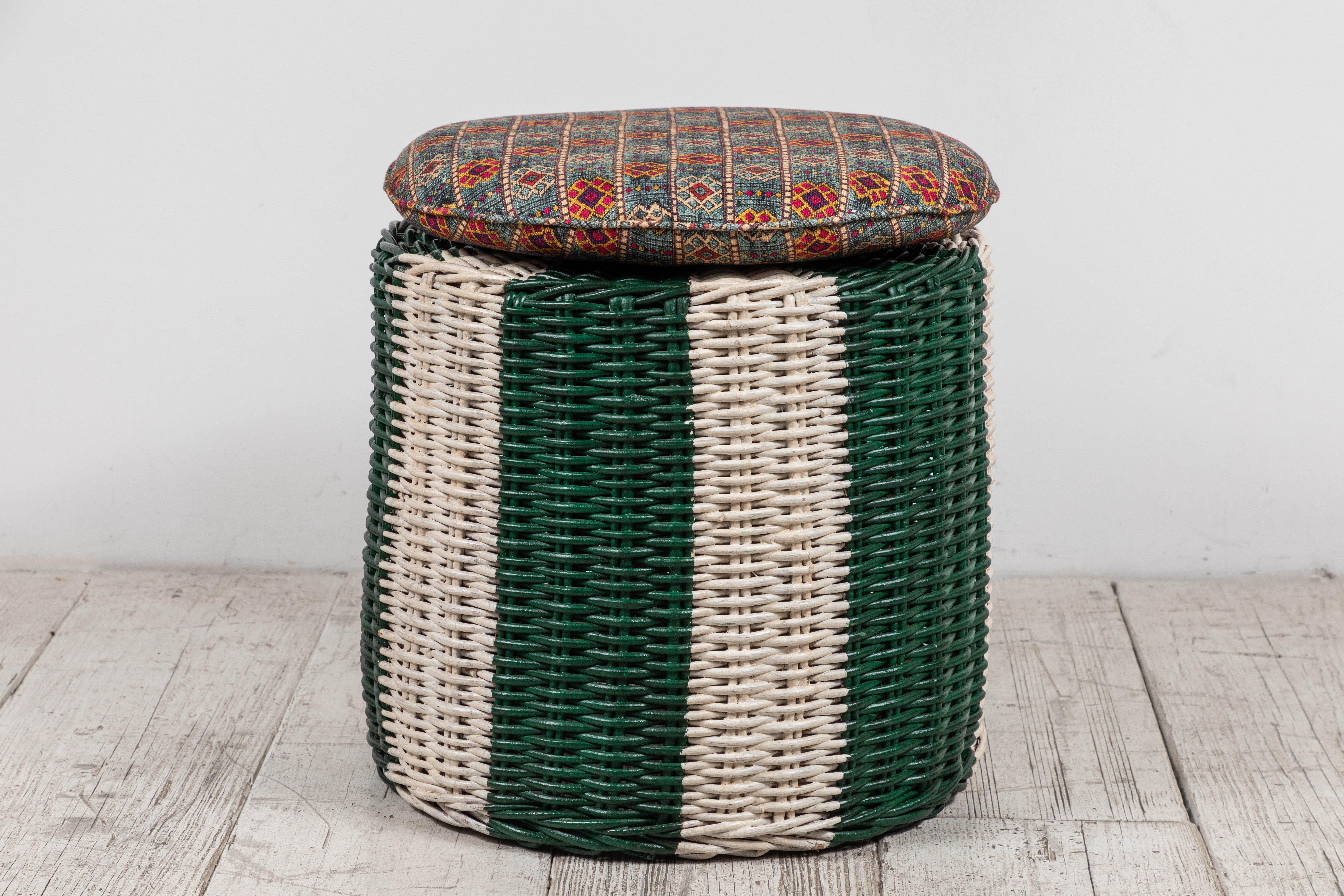 Late 20th Century Green and White Painted Wicker Ottoman with Colorful Pillow Topped Cushion