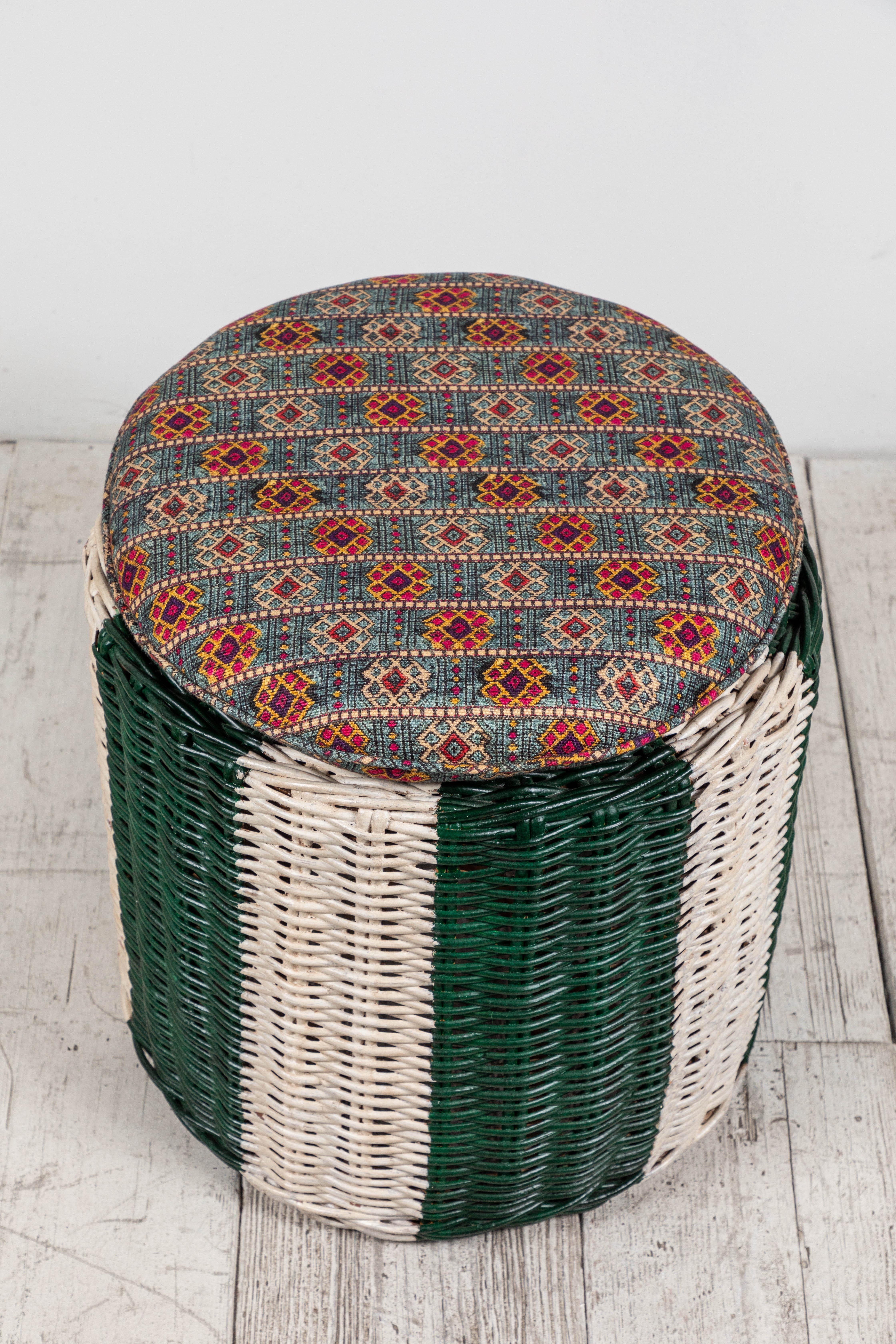 Green and White Painted Wicker Ottoman with Colorful Pillow Topped Cushion 1