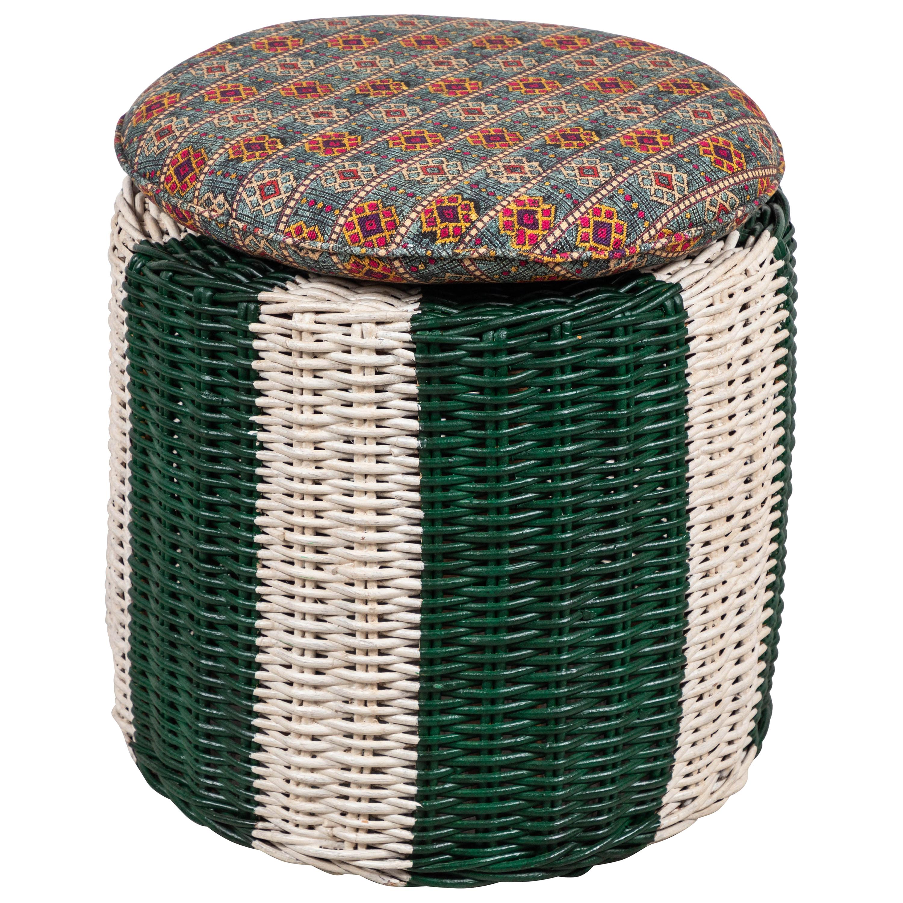 Green and White Painted Wicker Ottoman with Colorful Pillow Topped Cushion