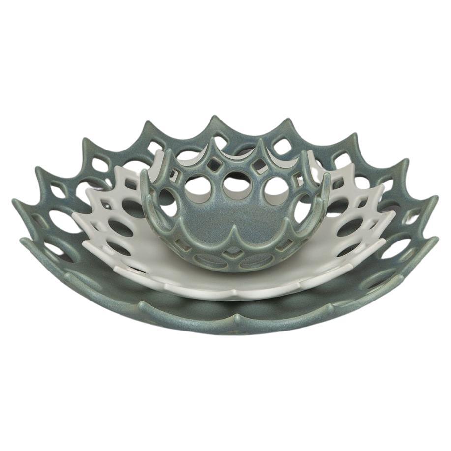  Ceramic Waterdrop Nesting Bowls-Mossy Green and White, in Stock