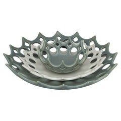 Green and White Pierced Ceramic Nesting Bowls, in Stock